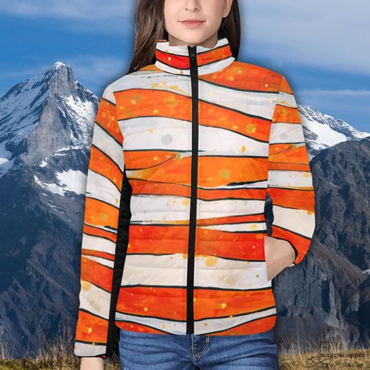 Clownfish Inspired Women's Padded Puffer Jacket with Stand Up Collar, Abstract Grunge Orange Stripe Zip Up Winter Coat, Clownfish Ski Parka