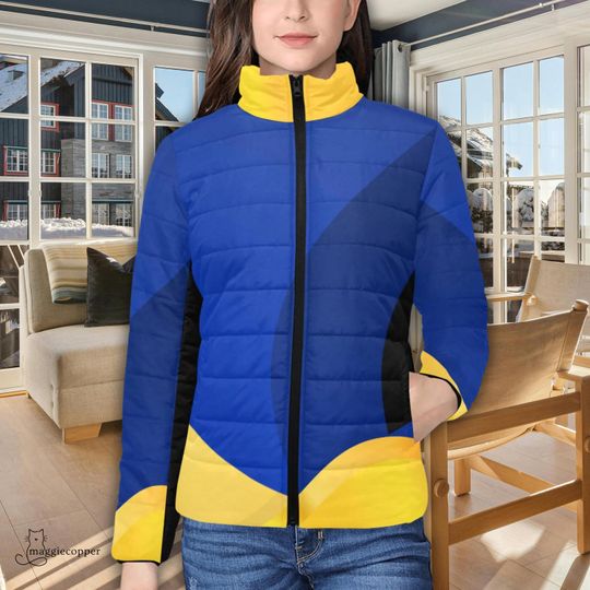 Blue Tang Inspired Women's Padded Puffer Jacket with Stand Up Collar, Abstract Zip Up Puffy Winter Coat, Blue Tang Ski Parka