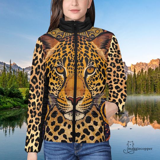 Leopard Art Women's Padded Puffer Jacket with Stand Up Collar, Ladies Puffy Zip Up Winter Coat with Leopard Print