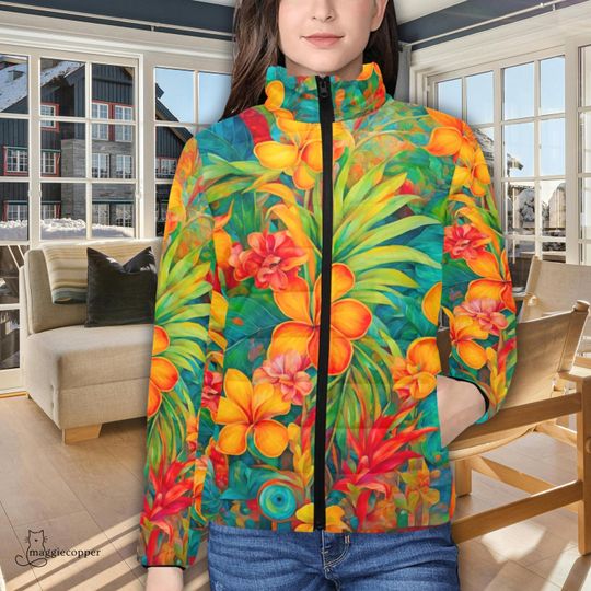 Tropical Flowers Women's Padded Puffer Jacket with Stand Up Collar, Ladies Puffy Zip Up Winter Coat with Bright Floral Pattern
