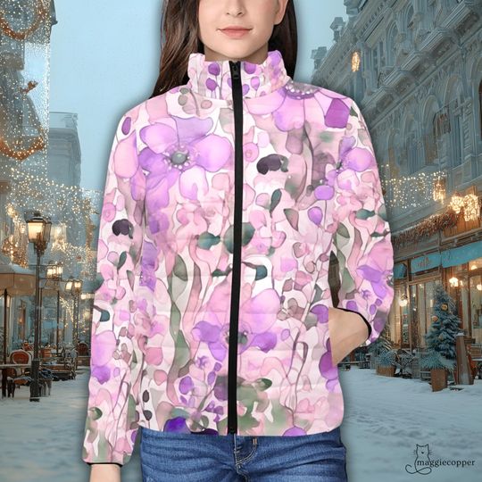 Purple Women's Padded Puffer Jacket with Stand Up Collar, Ladies Floral Puffy Zip Up Winter Coat in Lavender, Pastel Purple Floral Parka
