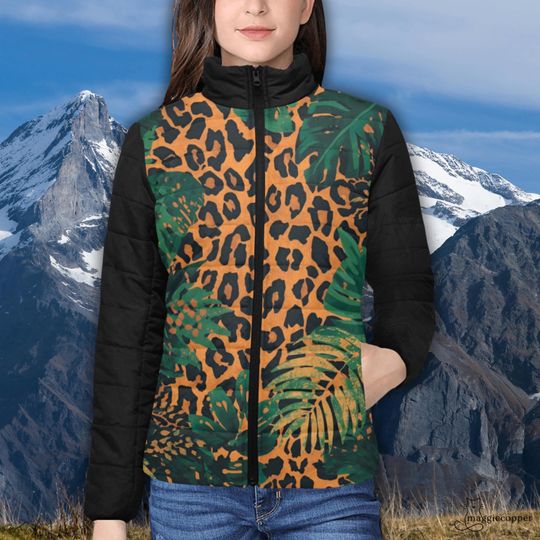 Jungle Leopard Women's Padded Puffer Jacket with Stand Up Collar, Ladies Puffy Zip Up Winter Coat with Leopard Print