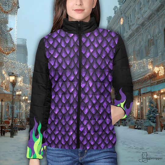Evil Mistress Inspired Women's Padded Puffer Jacket, Ladies Zip Up Winter Dragon Character Coat, Purple Dragon Scales Ski Parka