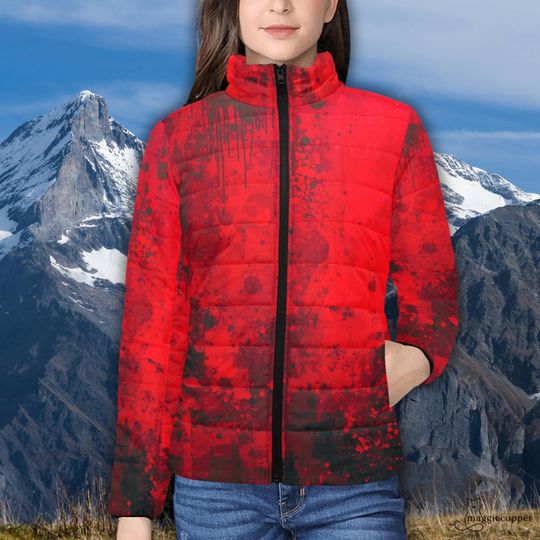 Discover Red Grunge Padded Puffer Jacket with Stand Up Collar, Ladies Puffy Zip Up Winter Coat with Red and Black Grunge Look