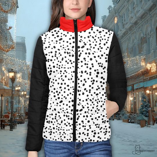 Dalmatian Villain Inspired Women's Padded Puffer Jacket with Stand Up Collar, Dalmatian Zip Up Winter Coat, Dalmatian Spots Ski Parka