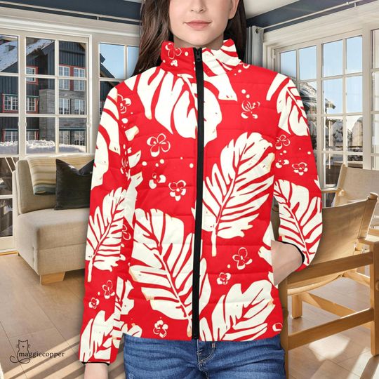 Red Tropical Women's Padded Puffer Jacket with Stand Up Collar, Hawaii Inspired Zip Up Puffy Winter Coat, Ladies Islander Look  Ski Parka