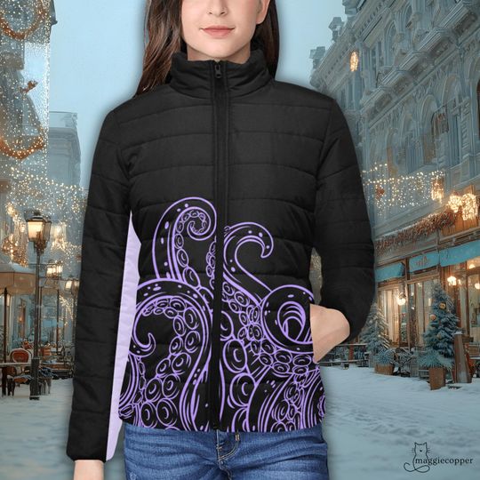 Sea Witch Inspired Women's Padded Puffer Jacket with Stand Up Collar, Ladies Zip Up Winter Villain Character Coat, Sea Witch Ski Parka