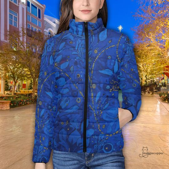 Blue Floral Women's Padded Puffer Jacket with Stand Up Collar, Ladies Puffy Zip Up Winter Coat in Royal Blue with Abstract Flowers