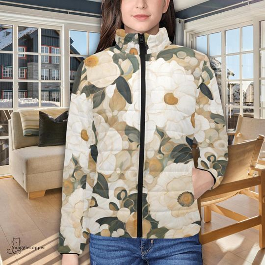 Floral Women's Padded Puffer Jacket with Stand Up Collar, Ladies Puffy Zip Up Winter Coat with Large Flowers in Neutral Tones