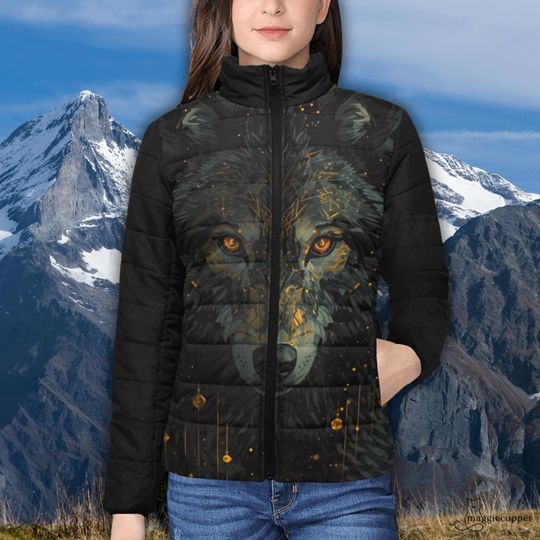 Wolf Women's Padded Puffer Jacket with Stand Up Collar, Ladies Gothic Werewolf Puffy Zip Up Winter Coat