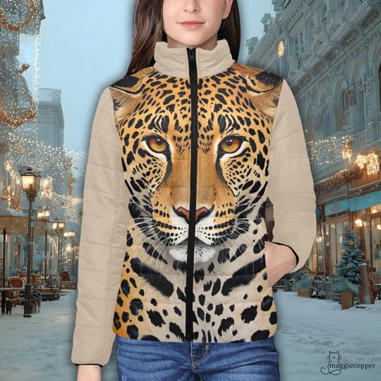 Leopard Art Women's Padded Puffer Jacket with Stand Up Collar, Ladies Puffy Zip Up Winter Coat with Leopard Front
