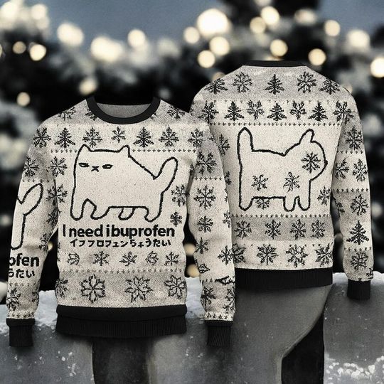 Discover Ibuprofen Cat Ugly Christmas Sweater, Black and White Meme Pullover, Funny Tired Cat Holiday Jumper