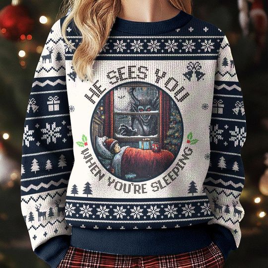 He Sees You When You're Sleeping Krampus Gothic Ugly Christmas Sweater