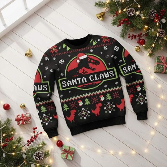 Funny Dinosaur Holiday Ugly Sweater, Santa Claws Christmas Jumper, Dino Xmas Party Shirt, Jurassic Parody Crewneck