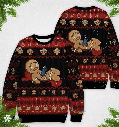 Gingerbread Horror Ugly Christmas Sweater, Cookie Monster Parody Holiday Jumper, Dark Humor Xmas Gag Gift for Him & Her