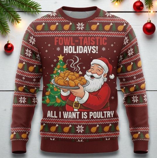 Discover Fried Chicken Christmas Sweater, Funny Food Holiday Sweatshirt, Fast Food Xmas Sweater, Unique Fried Chicken Winter Gift