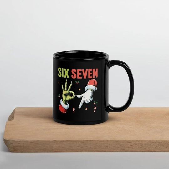 Discover Six Seven funny character Hand Coffee Mug  Viral Meme Christmas Cup, Funny Gen Z Holiday Gift, Trendy White Ceramic Mug
