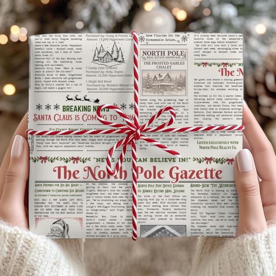 North Pole Christmas Newspaper Wrapping Paper, Santa News Print Holiday Gift Wrap, North Pole Stories, Unique Festive Xmas Gift Wrap Roll