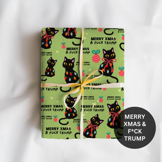 Fuck Trump Christmas Cats Wrapping Paper Roll Anti Trump Gift Wrap for Activist Liberal Political Giftwrap for Trump Hater Wrapping Sheet