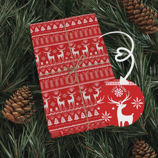 Anti-Trump Christmas Wrapping Paper | Red Nordic Reindeer Gift Wrap
