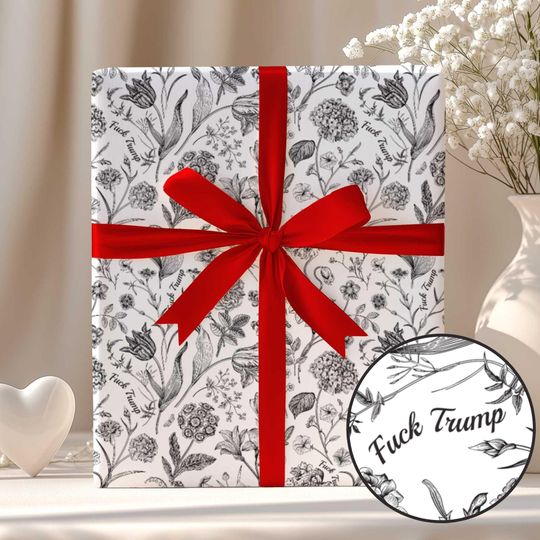 Subtle F*ck Trump Christmas Wrapping Paper Roll, Toile de Jouy Black Floral, FDT Anti Trump Gift, Vintage Holiday Wrap, Chinoiserie Wrap