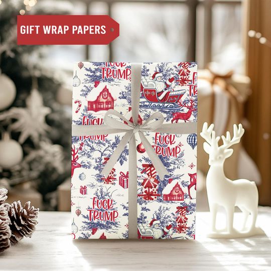 Subtle Fck Trump Chinoiserie Santa Blue Toile Gift Wrapping Paper, Anti Trump Anti Maga Nostalgic Xmas Gift Wrap Paper, Political Gift Wrap