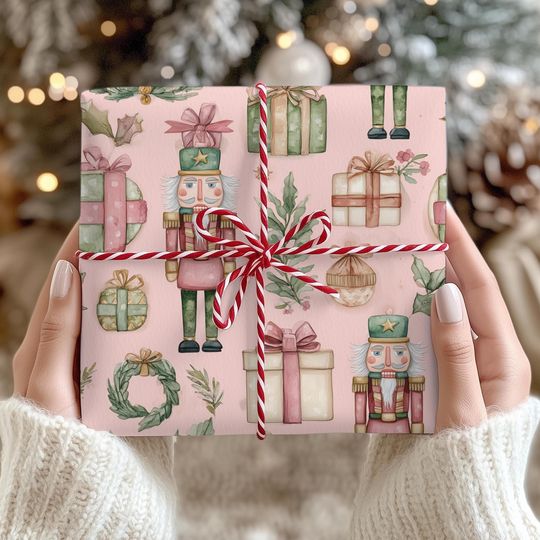 Discover Pink Nutcracker Wrapping Paper, Retro Pink Vintage Christmas Wrapping Roll, Gift Wrapping Roll,