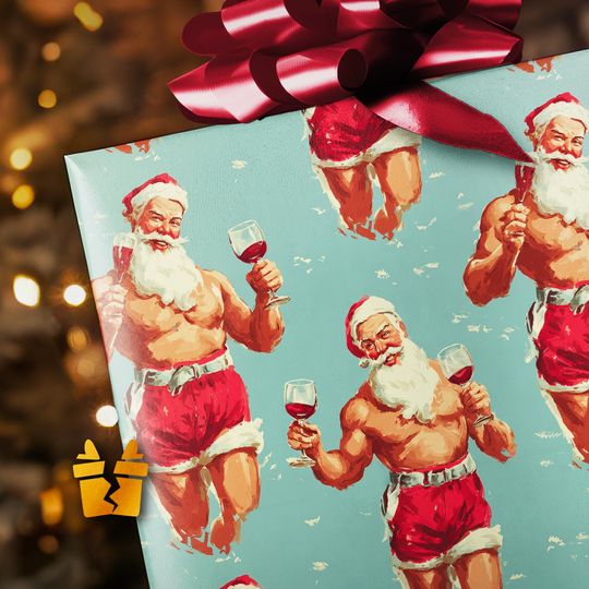Discover Hot Santa Wine Christmas Wrapping Paper - Funny Gag Gift Wrap with Claus Booze, Muscle, and Dad Bod Cheer for White Elephant Secret