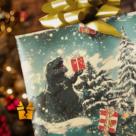 god zilla Greetings Christmas Wrapping Paper - Funny Luxury Pattern Vintage Holiday Christmas Gift Wrap Supplies Dinosaur Joke
