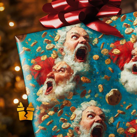 Discover Funny Oil Painting Santa Wrapping Paper - Christmas Gift Wrap with Cookie-Crazed Oil Painting Santa and Chaotic Holiday Energy