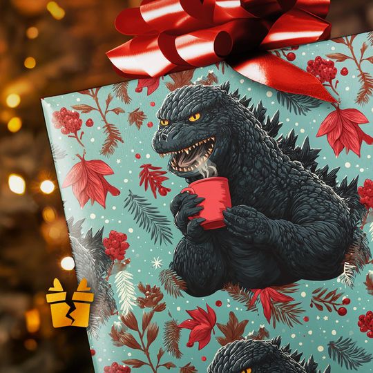 god zilla Christmas Wrapping Paper - Funny Cute Kaiju Holiday Gift Wrap with Cozy Monster Drinking Hot Chocolate