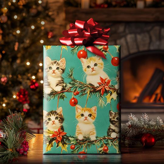 Discover Mistletoe Mischief Kitten Wrapping Paper - Luxury Pattern Vintage Holiday Gift Wrap Supplies