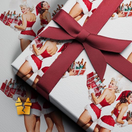 Discover Retro Pin-Up Christmas Wrapping Paper - Funny Beer Holiday Gift Wrap with Santa Babes for Dad, White Elephant, Gag Prank