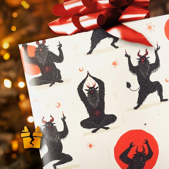 Krampus Christmas Wrapping Paper - Funny Yoga Holiday Gift Wrap for Her and Dark Humor Fans