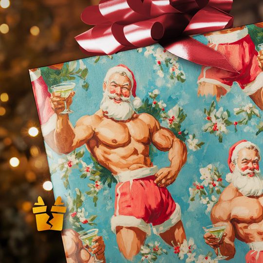 Discover Thirsty Saint Nick Christmas Wrapping Paper - Funny Sexy Santa Gift Wrap with Muscle and Martinis for White Elephant Joke Gag