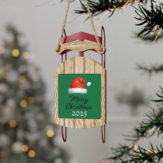 Discover Christmas Sled Ornament 2025, Rustic Wood & Steel Hanging Decoration