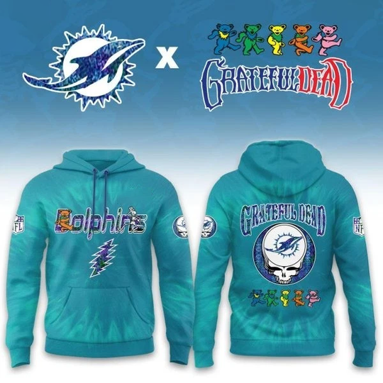 2025 Miami Dolphins Grateful Dead 60 Years Of Rock 3D All Over Printed Hoodie