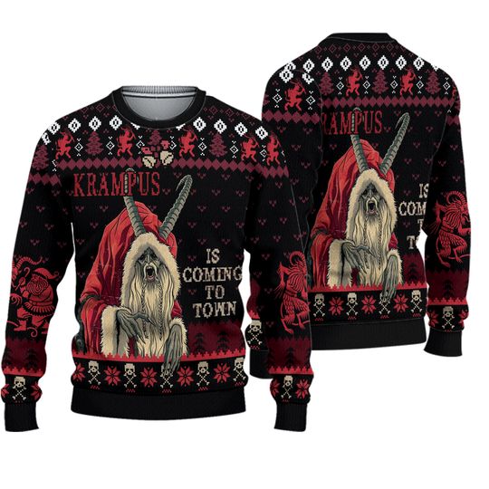 Krampus Is Coming To Town Ugly Christmas Sweater, Horror Xmas Gift, Gothic Holiday Jumper, Folklore Monster Apparel, Scary Xmas