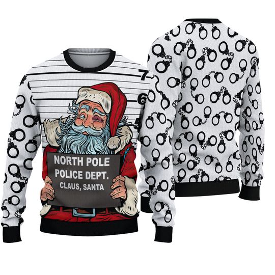 Funny Santa Mugshot Christmas Sweater, North Pole Police Dept Claus, Ugly Xmas Sweater, Holiday Party Outfit, Gag Gift for Adults