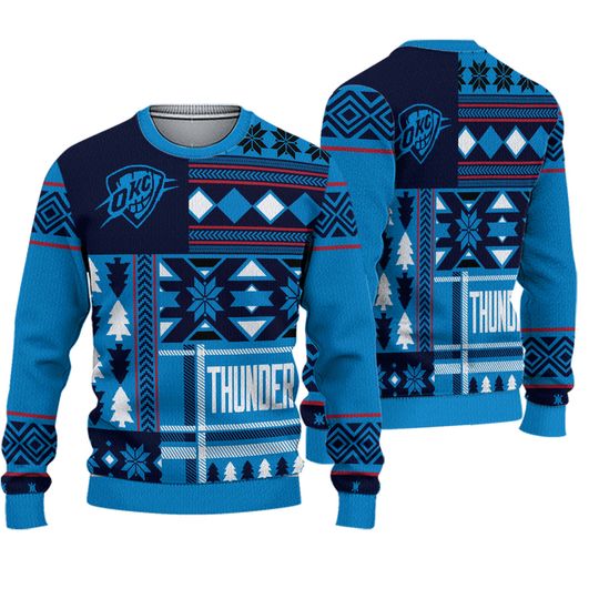Men's Oklahoma City Thunder Patches Ugly Sweater, Blue, Christmas Gift