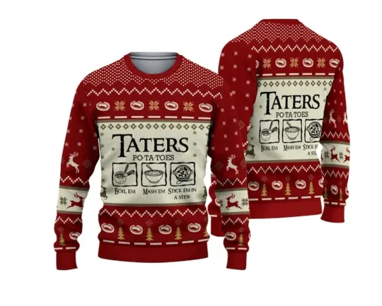 Discover Taters Potatoes Funny Food Ugly Christmas Sweater – Red Holiday Knit Pullover