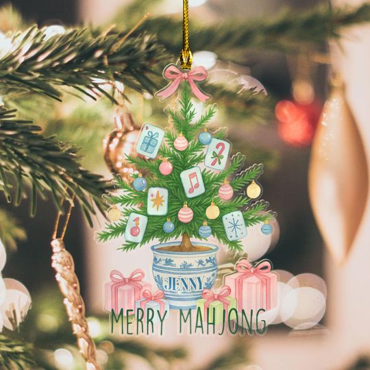 Discover Mahjong Gift Ornament, Coquette Chinoiserie Blue Pink Bow Acrylic Ornament