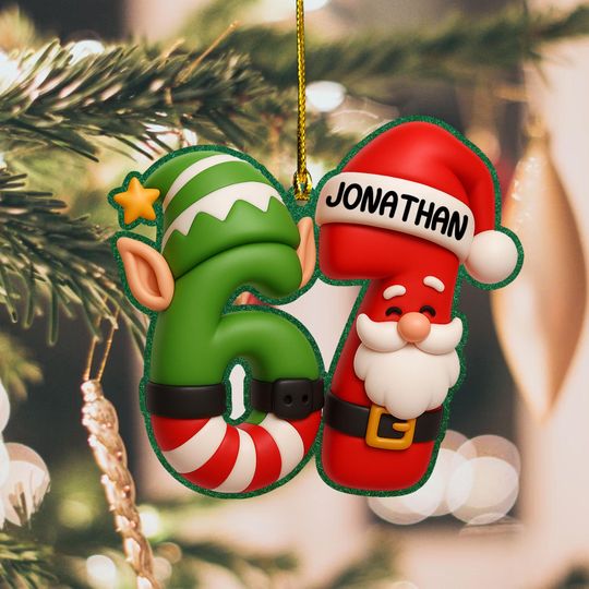 Discover Custom Name 67 Glitter Acrylic Ornament, Funny Teen Grandkid Gen Alpha Meme Christmas Gift