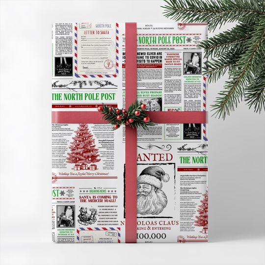 North Pole Christmas Newspaper Wrapping Paper, Santa News Print Holiday Gift Wrap, Festive Xmas Gift Wrap Roll