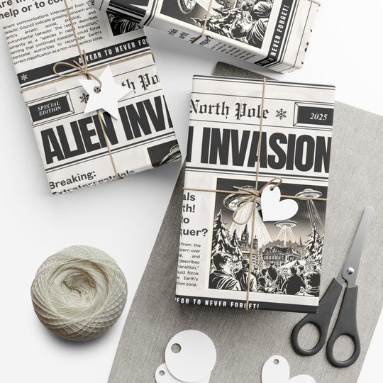Sci-Fi Alien Invasion Wrapping Paper - North Pole Newspaper Gift Wrap with UFO Design