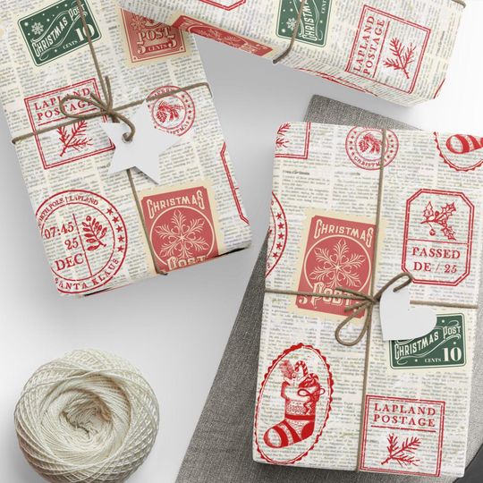 Vintage Stamps North Pole Gift Wrap - Newspaper Design Holiday Wrapping Paper
