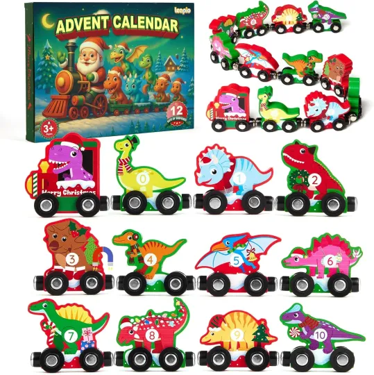 Discover Train Advent Calendar 2025 Toddler Kids, 12 Days Wooden Dinosaur Train Set, Chri
