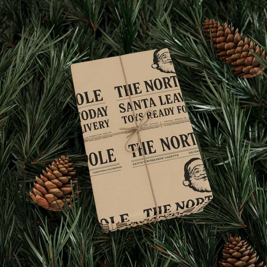 Vintage North Pole Newspaper Wrapping Paper for Christmas Gift Wrap