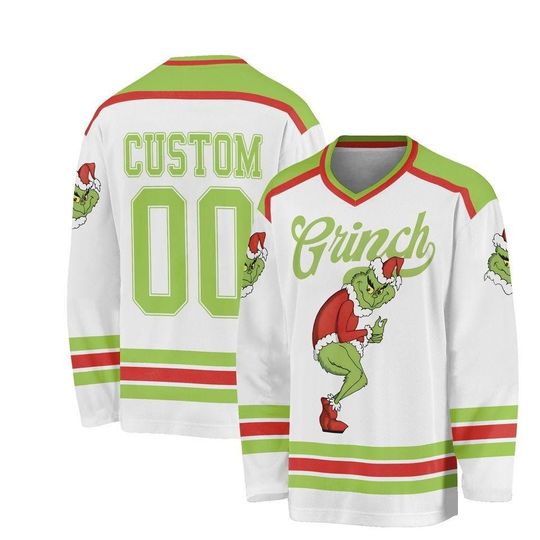 Funny Green Christmas Hockey Jersey, Custom Name & Number, Holiday Cartoon Character Jersey, Unisex Festive Shirt