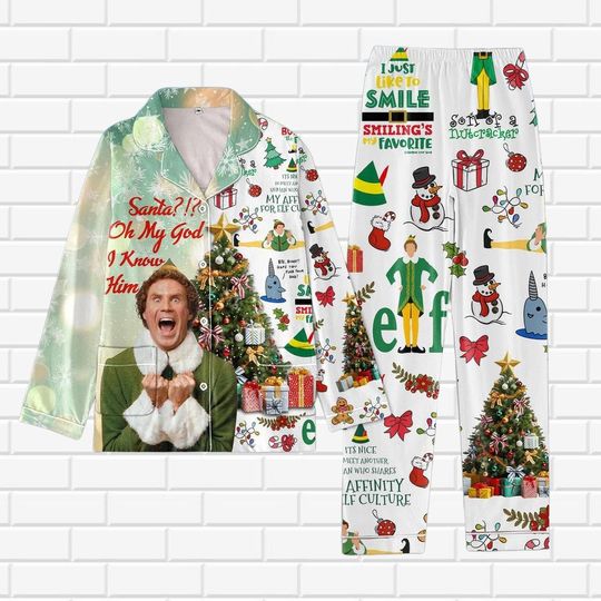Elf Christmas Pajamas Set with Santa Buddy Elf, Will Ferrell The Elf, and Classic Xmas Movie Prints